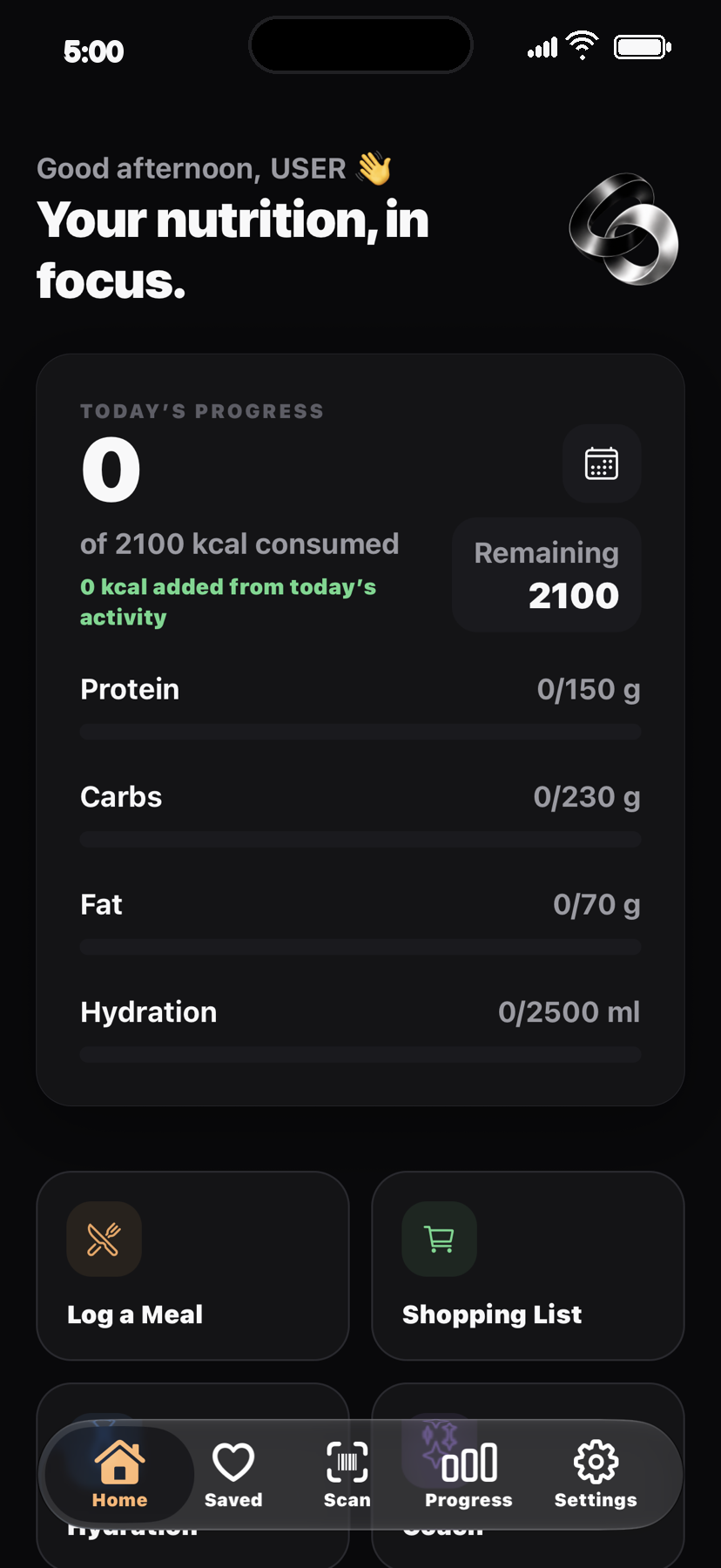 Cerenity Nutrition home screen in Dark mode