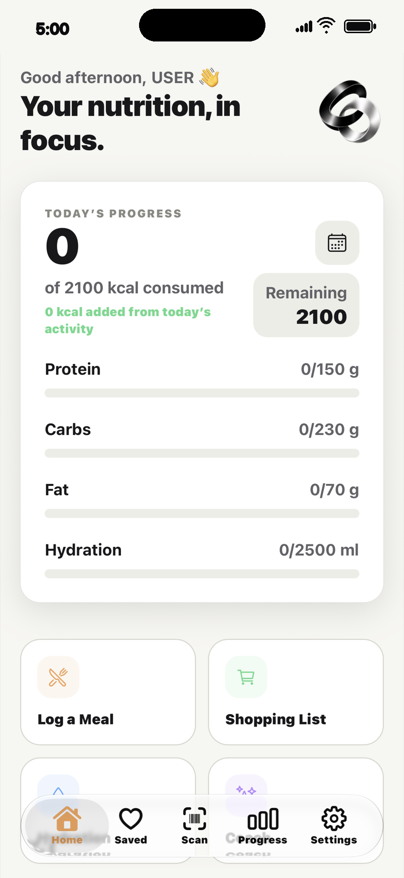 Cerenity Nutrition home screen in Light mode