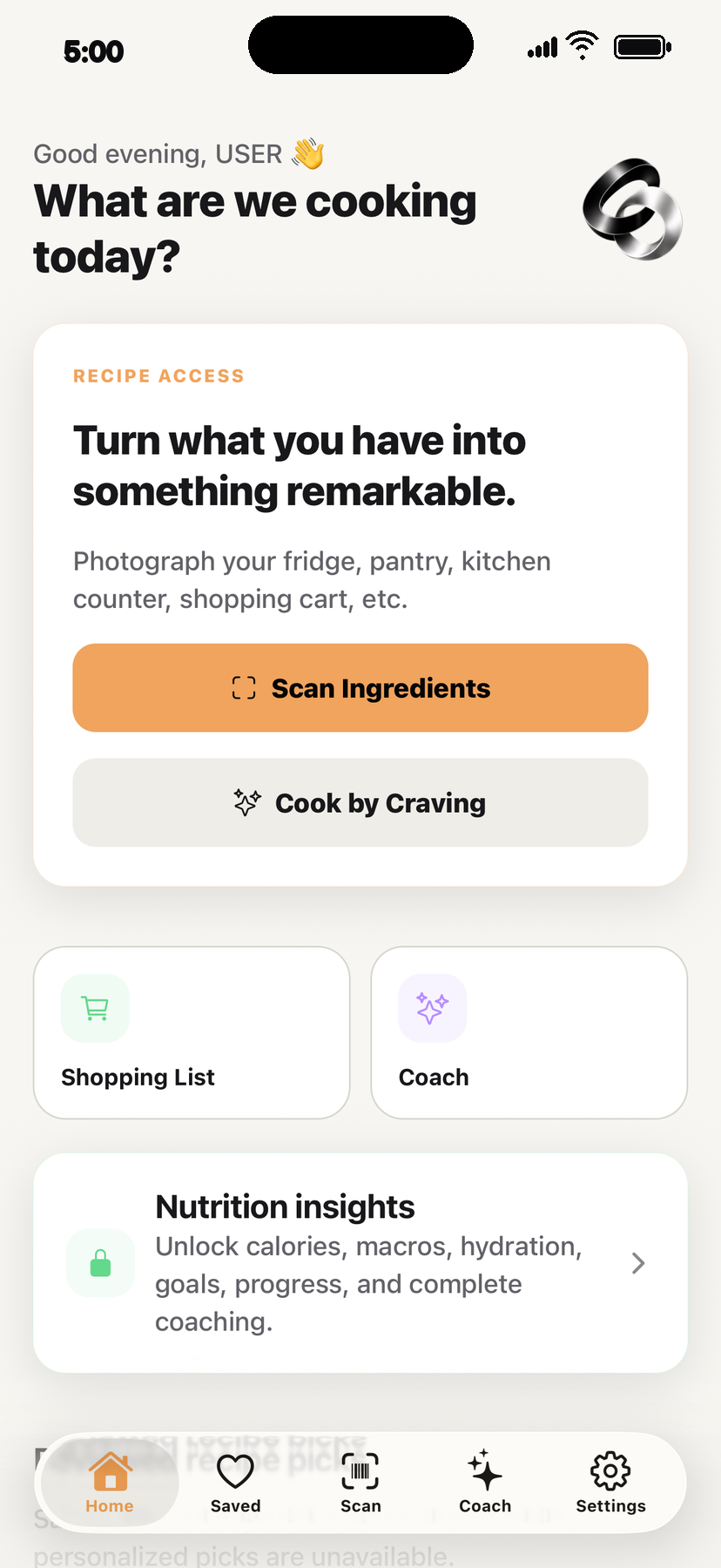 Cerenity Recipe home screen with ingredient scanning and Cook by Craving